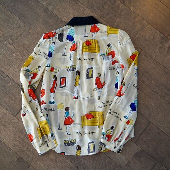 KATE SPADE PRINTED 100% SILK BLOUSE WOMENS SIZE 00 - Picture 2 of 9